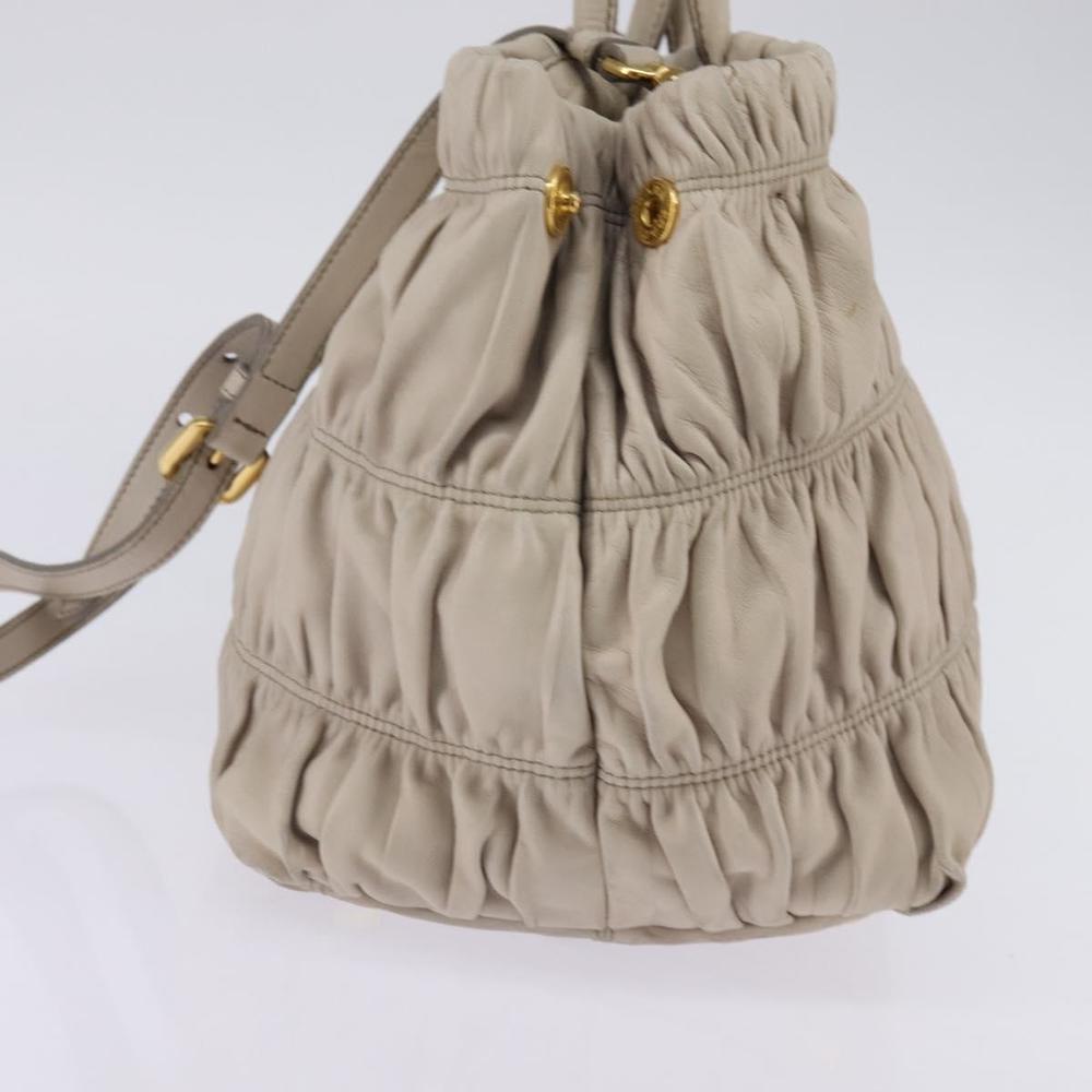 PRADA Gathered Hand Bag Leather 2way Beige Gold Auth BA5654 - Picture 3 of 16